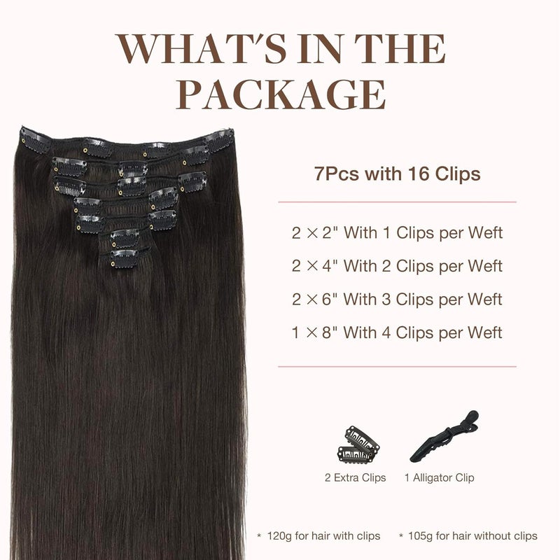 Goo-Goo GOO GOO Clip in Hair Extensions Real Human Hair, Remy Human Hair Extensions Clip ins for Women, Natural Human Hair, 20inch 120g 7Pcs, 2 Dark Brown - Image 2